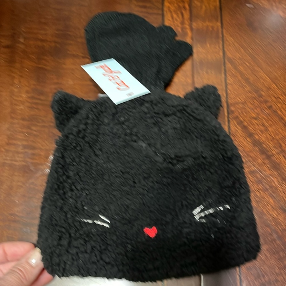 NWT cat hat and mittens set girls black with ears Sherpa soft cozy 2t 3t 4t 5t